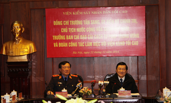 Đồng chí Trương Tấn Sang, Ủy viên Bộ Chính trị, Chủ tịch nước Cộng hòa XHCN Việt Nam, Trưởng Ban Chỉ đạo cải cách tư pháp Trung ương phát biểu tại buổi làm việc
