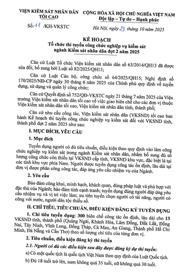 Kế hoạch tổ chức thi tuyển công chức nghiệp vụ kiểm sát ngành Kiểm sát nhân dân đợt 2 năm 2025