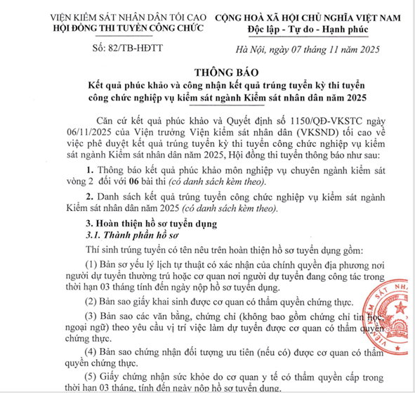 Thông báo kết quả phúc khảo và công nhận kết quả trúng tuyển kỳ thi tuyển công chức nghiệp vụ kiểm sát ngành Kiểm sát nhân dân năm 2025