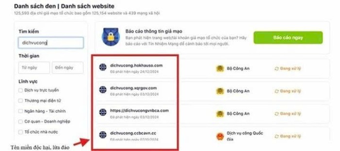 Hệ thống hiển thị danh sách các tên miền độc hại, lừa đảo.